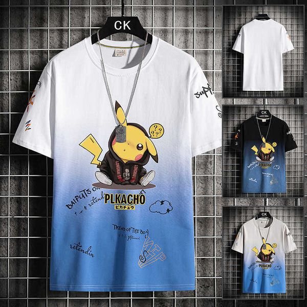 short men's t-shirt sleeve summer cotton trend trendy brand youth fashion loose cartoon gradual change 2021 men's, White;black