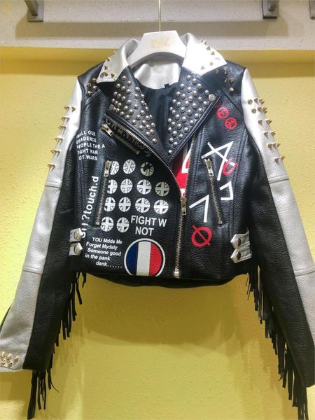 women's leather & faux 4xl plus size punk beading jackets turn-down collar rock silver female fringed rivet letters pu, Black
women's leather & faux 4xl plus size punk beading jackets turn-down collar rock silver female fringed rivet letters pu, Black