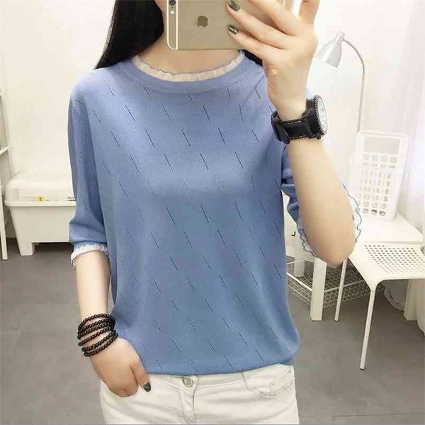 net yarn stitching sweater women five-point sleeves loose thin section round neck hollow ice silk knitted jumpers 210427, White;black
net yarn stitching sweater women five-point sleeves loose thin section round neck hollow ice silk knitted jumpers 210427, White;black