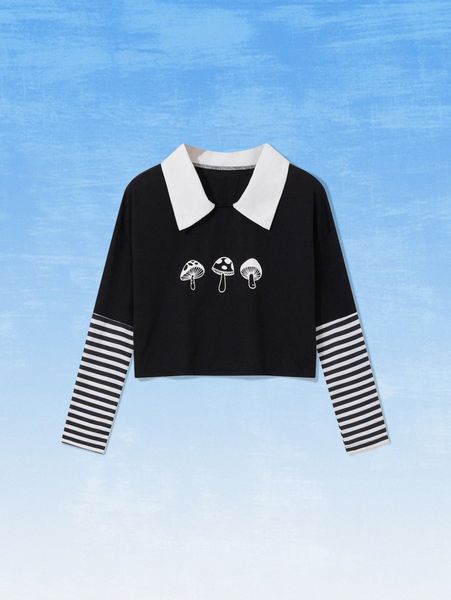romwe x libbyframe 2 in 1 striped sleeve mushroom graphic crop tee r8em#, White