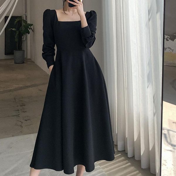 casual dresses one-piece 2021 korean autumn long-sleeved french vintage square neck black dress temperament women's long, Black;gray
casual dresses one-piece 2021 korean autumn long-sleeved french vintage square neck black dress temperament women's long, Black;gray