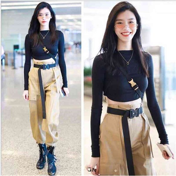 star with the same paragraph khaki high waist loose tooling nine points belt pants, Black;white
star with the same paragraph khaki high waist loose tooling nine points belt pants, Black;white