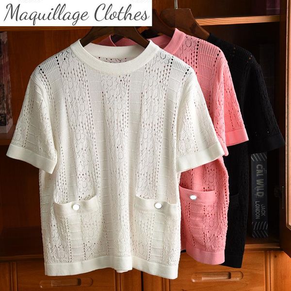 women's t-shirt summer fashion hollow-out pockets tee elegant knitted t-shirts c013, White
women's t-shirt summer fashion hollow-out pockets tee elegant knitted t-shirts c013, White