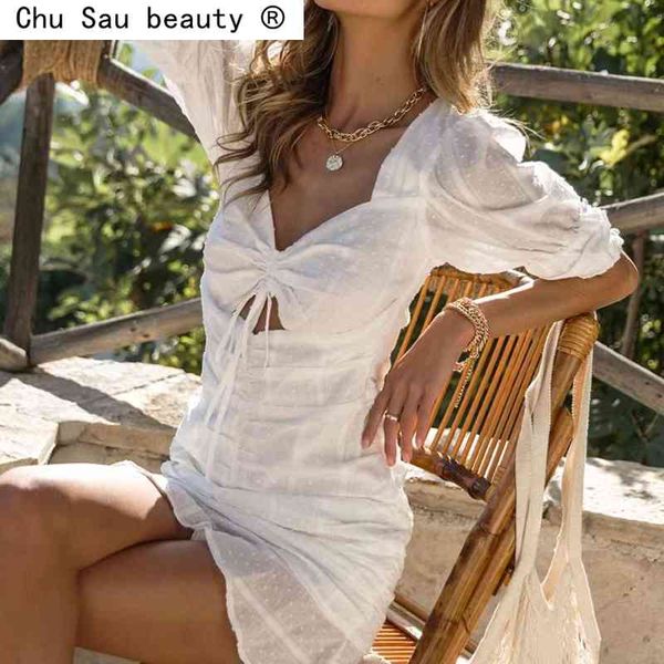 white puff sleeve hollow out french mini dress summer women's square neck open back drawstring cotton vestido 210514, Black;gray
white puff sleeve hollow out french mini dress summer women's square neck open back drawstring cotton vestido 210514, Black;gray