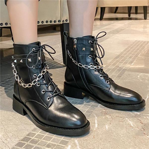 boots stylish women handmade genuine leather cross tied short metal chains decor low platform rivets ankle, Black
boots stylish women handmade genuine leather cross tied short metal chains decor low platform rivets ankle, Black