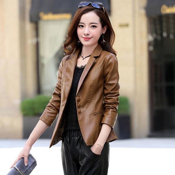 women's leather & faux women 's short 2021 spring korean suit collar slim pu jacket, Black
women's leather & faux women 's short 2021 spring korean suit collar slim pu jacket, Black
