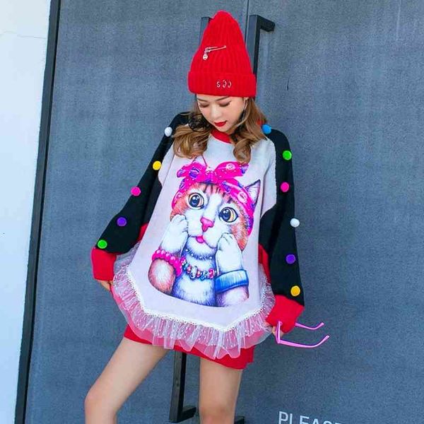 sweaters ladies knitted cartoon cat beaded tide brand sweater female heavy industry reduced age loose lace stitching outer wear, White;black
sweaters ladies knitted cartoon cat beaded tide brand sweater female heavy industry reduced age loose lace stitching outer wear, White;black