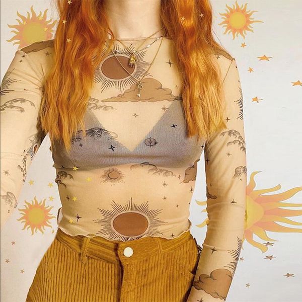 women's t-shirt women transparent mesh net see crop elastic print long sleeve party beach girls shirt, White
women's t-shirt women transparent mesh net see crop elastic print long sleeve party beach girls shirt, White