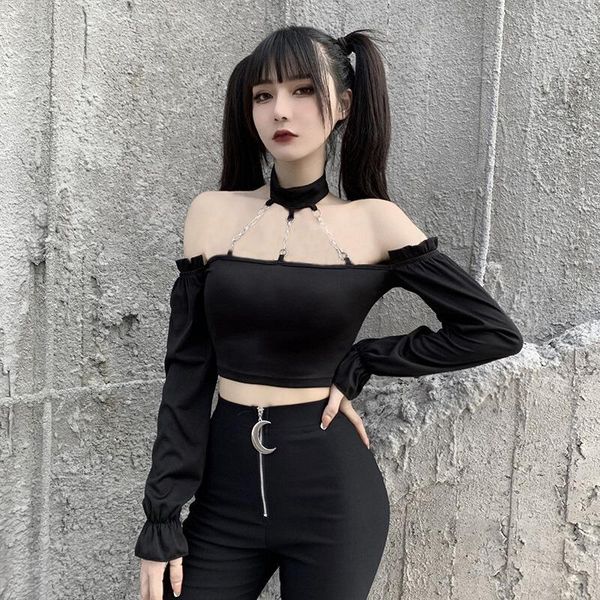 women's t-shirt harajuku streetwear bodycon off shoulder long sleeve gothic black crop punk chain metal patchwork, White
women's t-shirt harajuku streetwear bodycon off shoulder long sleeve gothic black crop punk chain metal patchwork, White