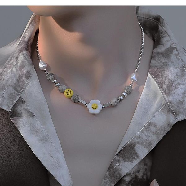 pendant necklaces korean retro imitation pearl necklace personality face stone daisy flower for women men bracelet jewelry gifts, Silver
pendant necklaces korean retro imitation pearl necklace personality face stone daisy flower for women men bracelet jewelry gifts, Silver