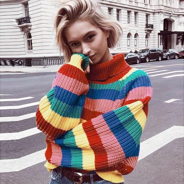 women's sweaters female multicolor stripe loose striped sweater long sleeve kawaii clothing for women blouse pullover fb, White;black
women's sweaters female multicolor stripe loose striped sweater long sleeve kawaii clothing for women blouse pullover fb, White;black