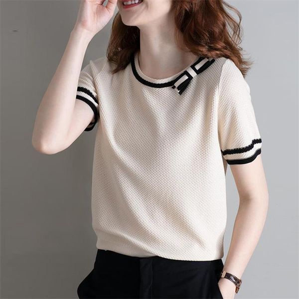 women's t-shirt korean fashion bow patchwork short sleeve women elegant summer knitted pullover tees office o-neck thin female, White
women's t-shirt korean fashion bow patchwork short sleeve women elegant summer knitted pullover tees office o-neck thin female, White