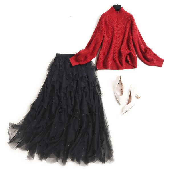 two piece dress spring long sleeve stand neck red knitted sweater + black tulle beaded ruffle mid-calf skirt suits 2 s set od483 ahyq, White
two piece dress spring long sleeve stand neck red knitted sweater + black tulle beaded ruffle mid-calf skirt suits 2 s set od483 ahyq, White