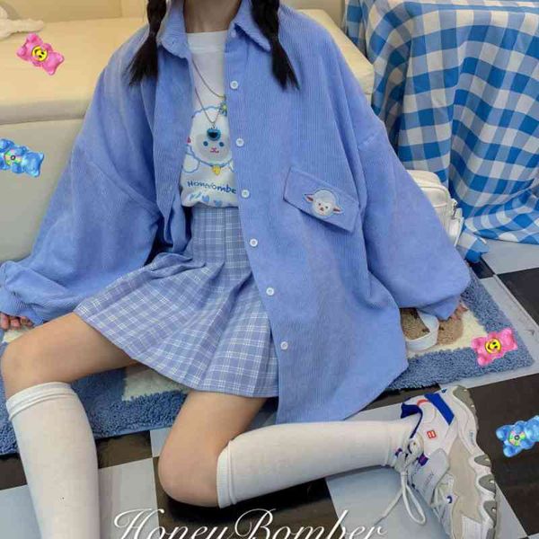 women's blouses & shirts deeptown japanese kawaii style velvet blue shirt embroidered button up female blouse long sleeves soft school, White
women's blouses & shirts deeptown japanese kawaii style velvet blue shirt embroidered button up female blouse long sleeves soft school, White
