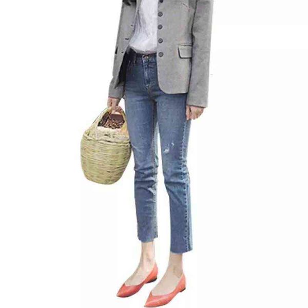 short light color straight barreled flannel jeans chic korean high waist stretch show thin split pants, Blue
short light color straight barreled flannel jeans chic korean high waist stretch show thin split pants, Blue