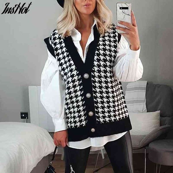 v neck women button black houndstooth cardigan long sleeve sweater autumn winter knitted loose oversized jumper casual 210514, White
v neck women button black houndstooth cardigan long sleeve sweater autumn winter knitted loose oversized jumper casual 210514, White