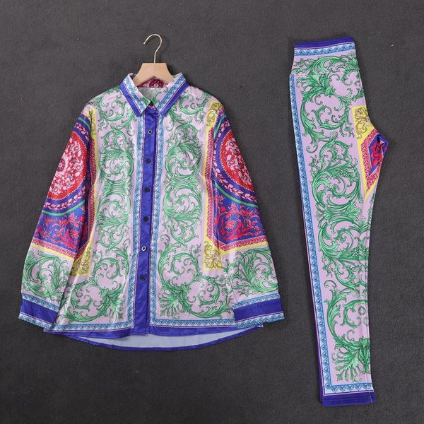 women's two piece pants urban leisure render emulation silk blue baroque long sleeved shirt printed leggings suit, White
women's two piece pants urban leisure render emulation silk blue baroque long sleeved shirt printed leggings suit, White
