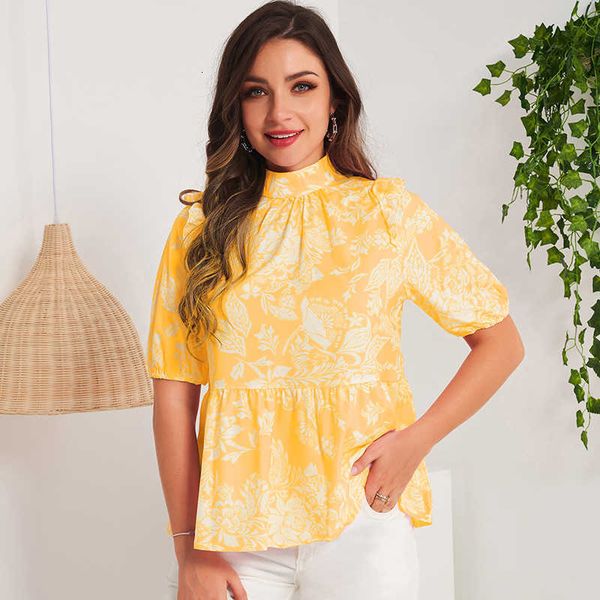 women's blouses & shirts 2021 summer women yellow pink floral print ruffle hem stand-up collar back buckle fungus lantern slee, White
women's blouses & shirts 2021 summer women yellow pink floral print ruffle hem stand-up collar back buckle fungus lantern slee, White