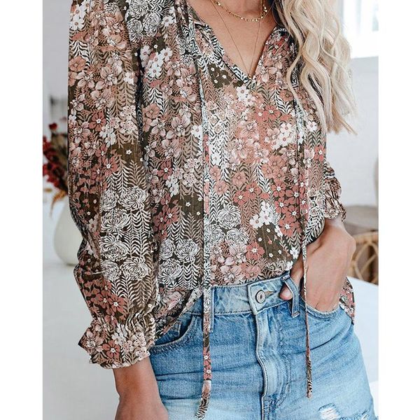 women's blouses & shirts women spring summer boho style chiffon shirt elegant lace up v-neck floral print long sleeve casual whole, White
women's blouses & shirts women spring summer boho style chiffon shirt elegant lace up v-neck floral print long sleeve casual whole, White