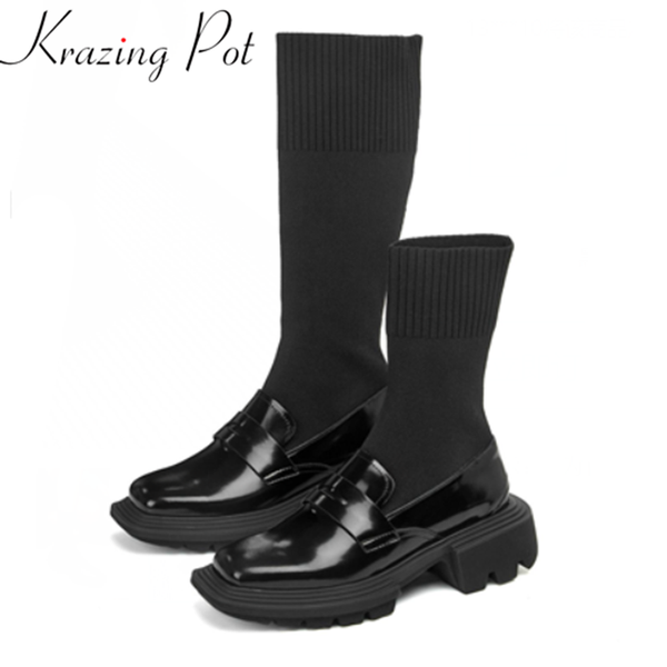 boots krazing pot cow leather square toe thick heels strange winter shoes sock slip on black color stretch thigh high l57
boots krazing pot cow leather square toe thick heels strange winter shoes sock slip on black color stretch thigh high l57