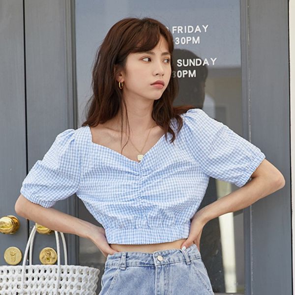 blue plaid shirt women summer v-neck short puff sleeve navel cropped sleevewomen's 210525, White
blue plaid shirt women summer v-neck short puff sleeve navel cropped sleevewomen's 210525, White