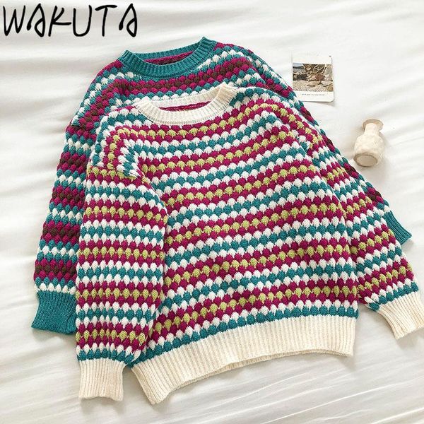 women's sweaters wakuta knitted sweater women vintage striped contrast color pullovers autumn winter loose casual o neck knitwear 2021, White;black
women's sweaters wakuta knitted sweater women vintage striped contrast color pullovers autumn winter loose casual o neck knitwear 2021, White;black