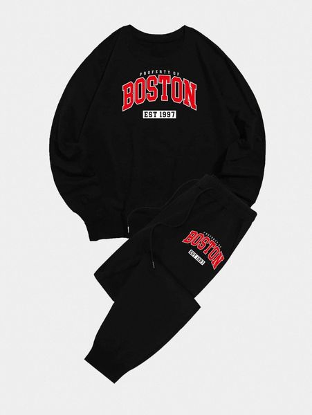 romwe guys letter graphic sweatshirt & sweatpants set j7zx#, Gray