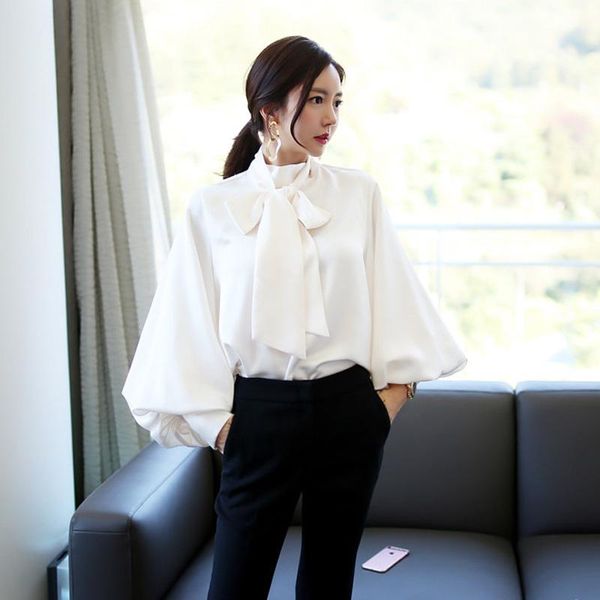 women's blouses & shirts socialite solid color smoothie satin blouse lantern sleeve shrit women strap tie shirt chemisier femme chemise, White
women's blouses & shirts socialite solid color smoothie satin blouse lantern sleeve shrit women strap tie shirt chemisier femme chemise, White
