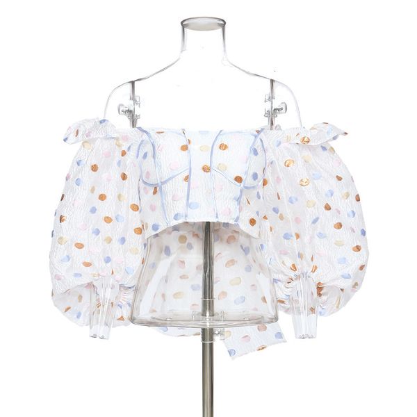 women's blouses & shirts rainbow polka dot women shirt puff sleeve back bow slash neck short summer woman se7e, White
women's blouses & shirts rainbow polka dot women shirt puff sleeve back bow slash neck short summer woman se7e, White