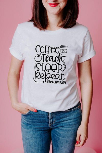 women's t-shirt teacher life coffee teach sleep repeat graphic tees women kawaii streetwear harajuku t shirts tumblr fashion clothing, White
women's t-shirt teacher life coffee teach sleep repeat graphic tees women kawaii streetwear harajuku t shirts tumblr fashion clothing, White