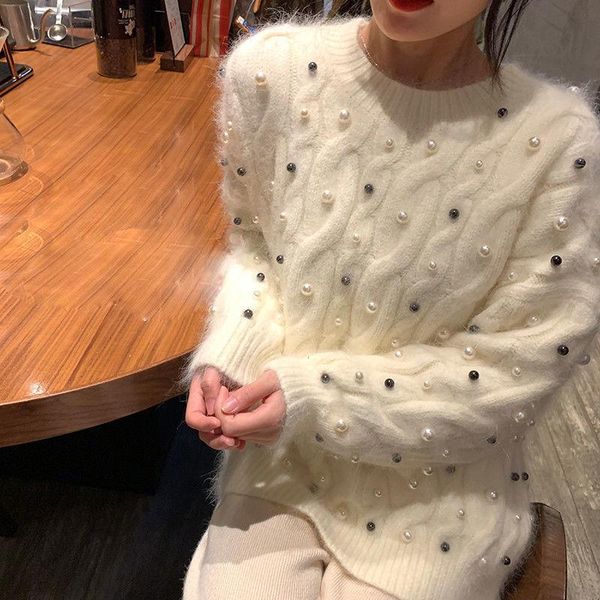 women's sweaters 2021 autumn winter sweater round neck nail bead solid color loose retro port style versatile knitted top, White;black
women's sweaters 2021 autumn winter sweater round neck nail bead solid color loose retro port style versatile knitted top, White;black