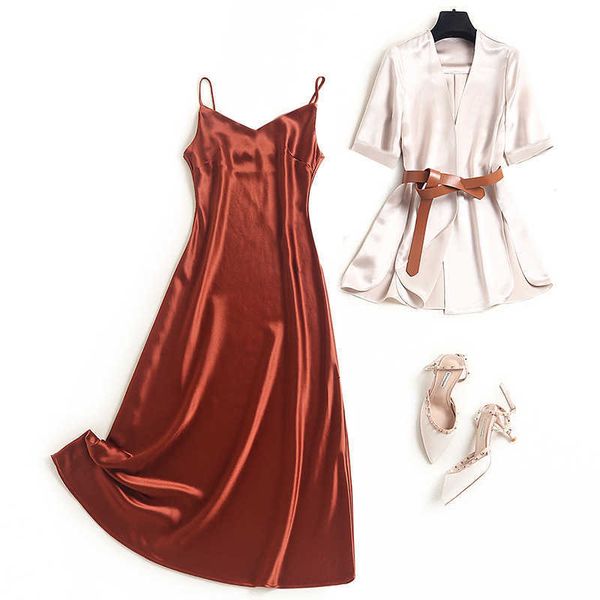 european high end drs acetate satin suspender women's 2021 summer suit coat long skirt 17589, White;black
european high end drs acetate satin suspender women's 2021 summer suit coat long skirt 17589, White;black