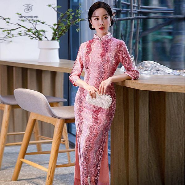 ethnic clothing pink 3/4 sleeve qipao oversize 3xl-6xl velour dress gown bling sequins cheongsam chinese vintage collar party vestidos, Red 
ethnic clothing pink 3/4 sleeve qipao oversize 3xl-6xl velour dress gown bling sequins cheongsam chinese vintage collar party vestidos, Red