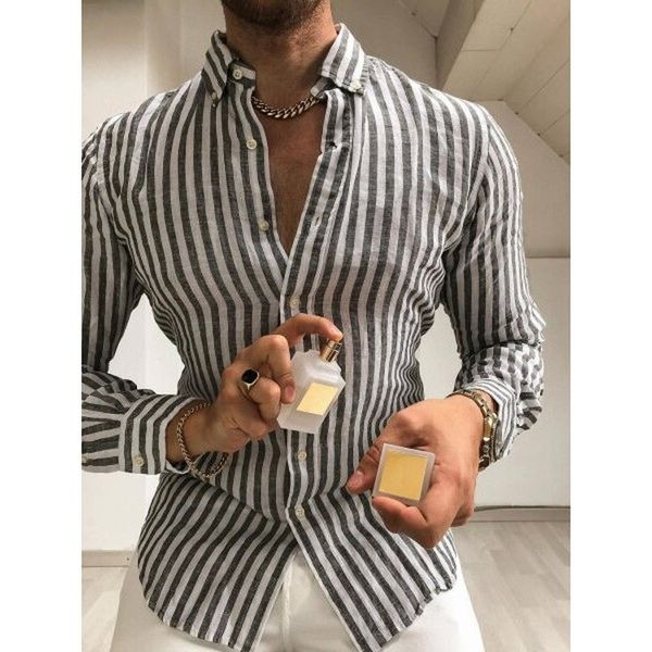 grey striped comfortable men's long-sleeved shirt comfortable fit fashion retro style travel office entertainment, White;black
grey striped comfortable men's long-sleeved shirt comfortable fit fashion retro style travel office entertainment, White;black