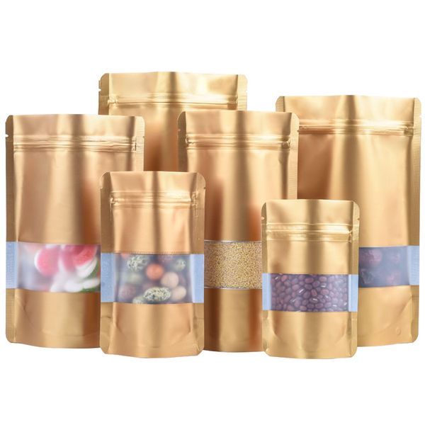 100pcs gold zip lock mylar foil stand up bag with frosted window heat seal tear notch food storage doypack candy tea pouches
100pcs gold zip lock mylar foil stand up bag with frosted window heat seal tear notch food storage doypack candy tea pouches