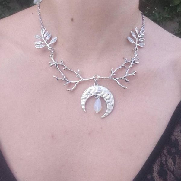 chokers witch necklace, woodland jewelry diana moon goddess crystal crescent necklace, Golden;silver