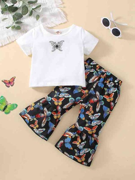 baby butterfly embroidery tee & flare leg pants she, White