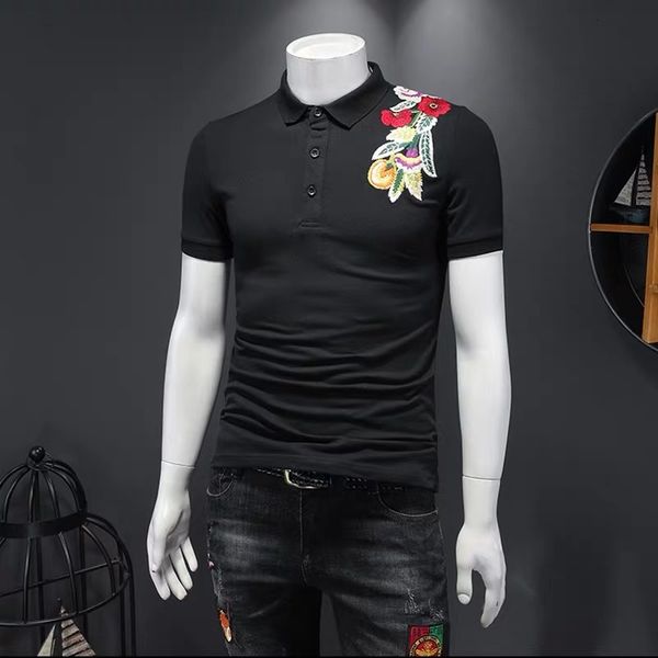 t shirts men's short exquisite flower embroidery fashion lapel half sleeve polo shirt, White;black
t shirts men's short exquisite flower embroidery fashion lapel half sleeve polo shirt, White;black