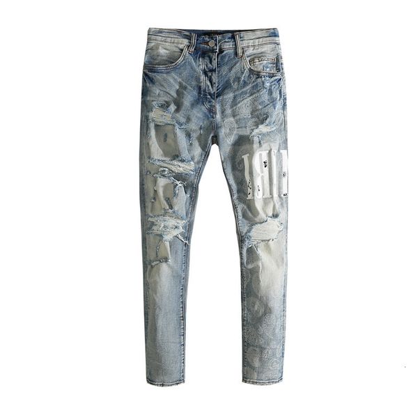 am blue cow with holes to make old stickers leather letters slim fit little foot jeans men's high street fashion brand
am blue cow with holes to make old stickers leather letters slim fit little foot jeans men's high street fashion brand