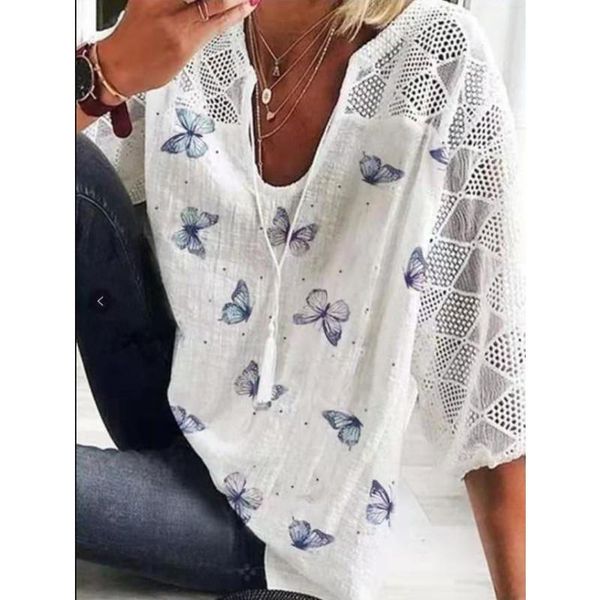 women's blouses & shirts oversize women blouse fashion casual v-neck lace up hollow half sleeve summer ladies shirt elegant loose, White
women's blouses & shirts oversize women blouse fashion casual v-neck lace up hollow half sleeve summer ladies shirt elegant loose, White