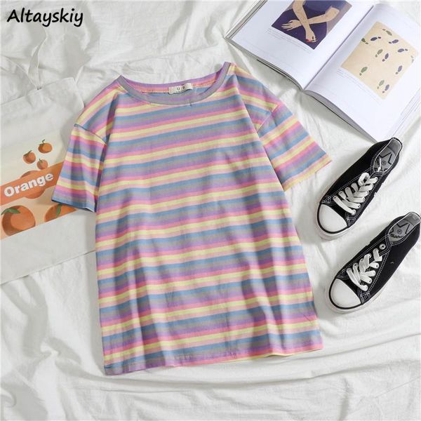 women's t-shirt short sleeve t-shirts women striped o-neck oversize basic colorful soft leisure ulzzang trendy all-match females summer, White
women's t-shirt short sleeve t-shirts women striped o-neck oversize basic colorful soft leisure ulzzang trendy all-match females summer, White