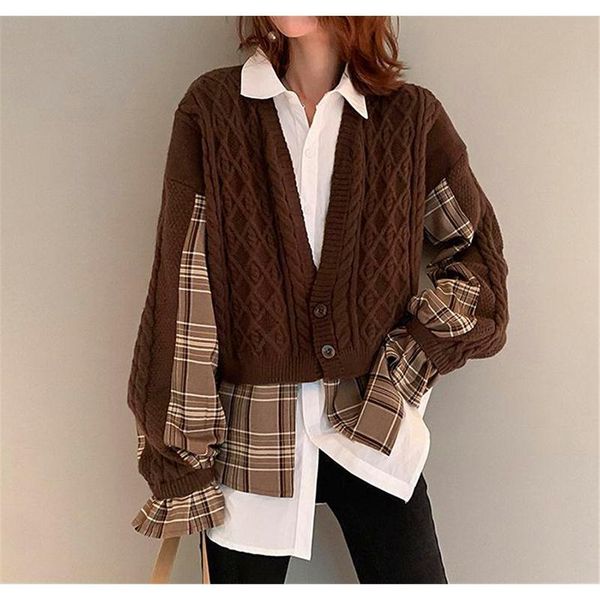 women's knits & tees 664 women fake two-piece knit cardigan sweater casual loose patchwork plaid puff long sleeve button office lady s, White
women's knits & tees 664 women fake two-piece knit cardigan sweater casual loose patchwork plaid puff long sleeve button office lady s, White