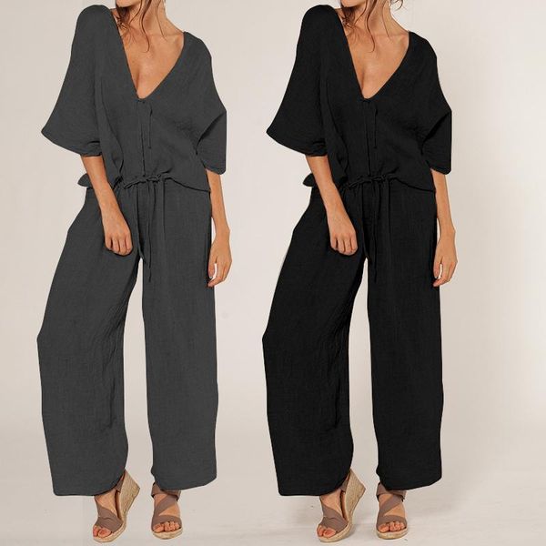 women's jumpsuits & rompers 2021 celmia summer women jumpsuit v-neck half sleeve wide leg pant elegant casual loose lace up office work, Black;white
women's jumpsuits & rompers 2021 celmia summer women jumpsuit v-neck half sleeve wide leg pant elegant casual loose lace up office work, Black;white