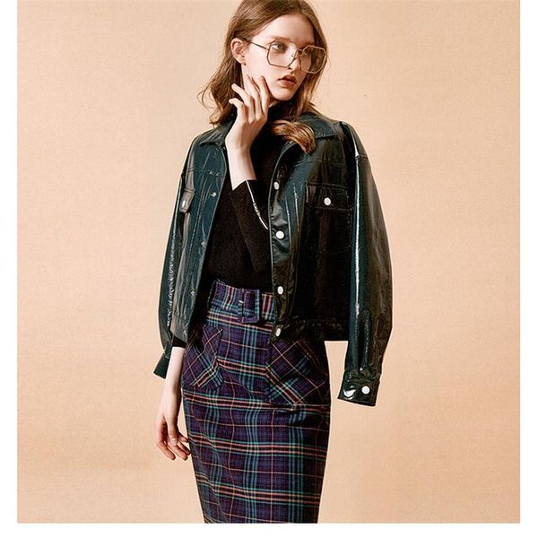women's leather & faux spring single breasted short jacket women glossy patent outerwear locomotive motorcycle pu, Black
women's leather & faux spring single breasted short jacket women glossy patent outerwear locomotive motorcycle pu, Black