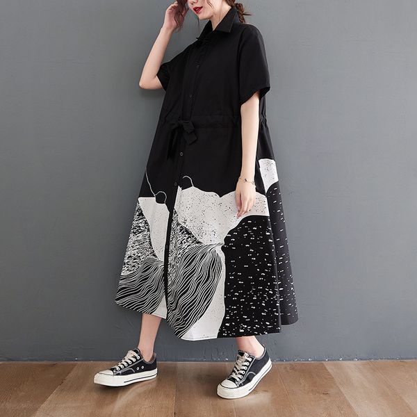 stitching new short sleeve slim 2021 loose summer print large shirt medium length dress, Black;gray
stitching new short sleeve slim 2021 loose summer print large shirt medium length dress, Black;gray