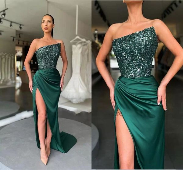 green prom dresses strapless sheath satin side slit sparkly sequins custom made sweep train evening party gown plus size vestidos 2022 desig, Black
green prom dresses strapless sheath satin side slit sparkly sequins custom made sweep train evening party gown plus size vestidos 2022 desig, Black