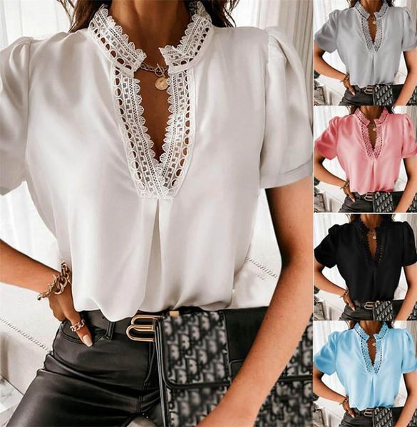 women's blouses & shirts european american summer shirt fashion lace chiffon splicing half open collar short sleeve solid color retro, White
women's blouses & shirts european american summer shirt fashion lace chiffon splicing half open collar short sleeve solid color retro, White