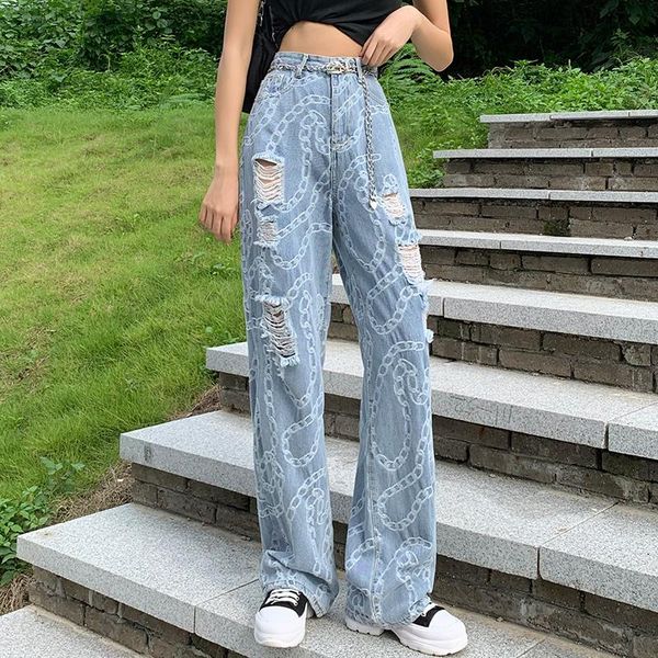 women's jeans summer design sense chain jacquard high waist wide straight loose hole pants hanging leg mop trousers 2021 streetwear, Blue
women's jeans summer design sense chain jacquard high waist wide straight loose hole pants hanging leg mop trousers 2021 streetwear, Blue