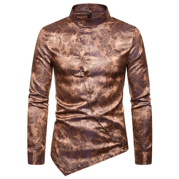 men's dress shirts spring autumn irregular men glossy floral printed stand collar long sleeve camisa social male streetwear, White;black
men's dress shirts spring autumn irregular men glossy floral printed stand collar long sleeve camisa social male streetwear, White;black