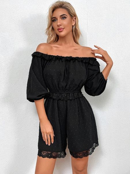 off shoulder lettuce trim contrast lace jumpsuit s0qz#, White 
off shoulder lettuce trim contrast lace jumpsuit s0qz#, White